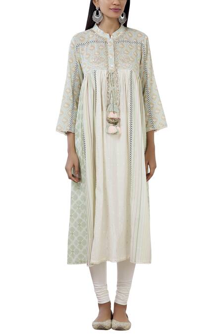 Shop_Aditi Beriwala_White Organic Cotton Stand Collar Embroidered Kurta _Online_at_Aza_Fashions