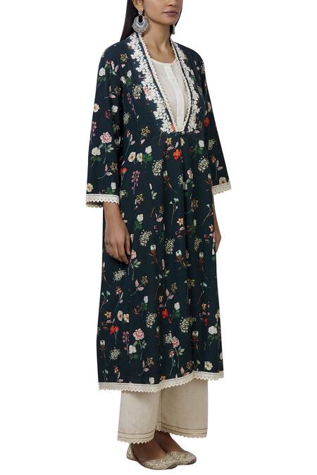 Aditi Beriwala_Blue Organic Cotton Outer Kurta V Neck Inner Kurta Round Printed _Online_at_Aza_Fashions