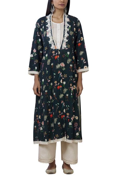 Buy_Aditi Beriwala_Blue Organic Cotton Outer Kurta V Neck Inner Kurta Round Printed _Online_at_Aza_Fashions