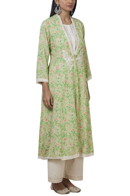 Aditi Beriwala_Green Organic Cotton Outer Kurta V Neck Inner Kurta Round Printed _Online_at_Aza_Fashions