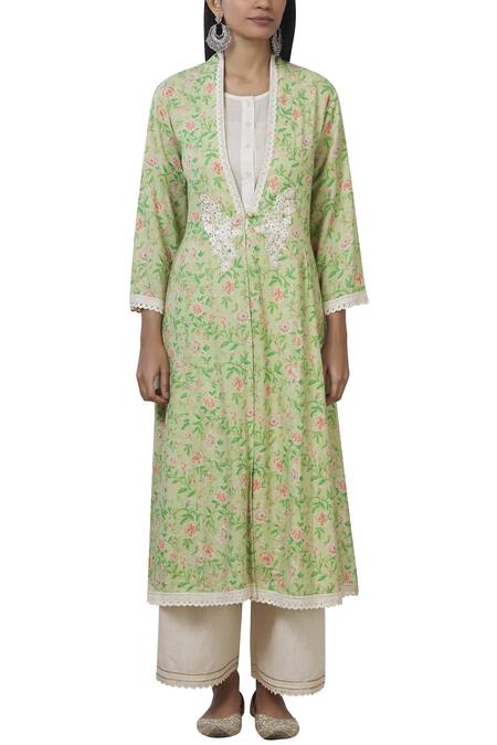 Buy_Aditi Beriwala_Green Organic Cotton Outer Kurta V Neck Inner Kurta Round Printed _Online_at_Aza_Fashions