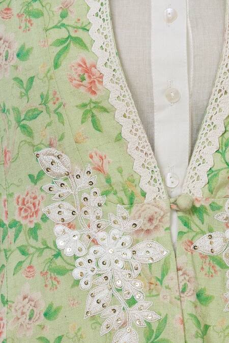 Aditi Beriwala_Green Organic Cotton Outer Kurta V Neck Inner Kurta Round Printed _at_Aza_Fashions