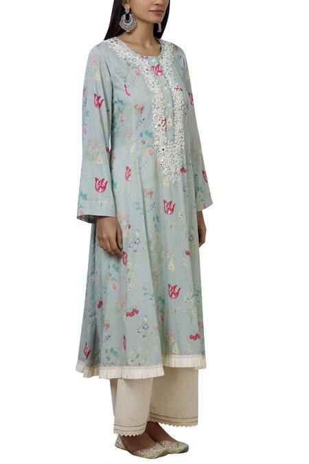 Aditi Beriwala_Blue Organic Cotton Round Embroidered Kurta _Online_at_Aza_Fashions