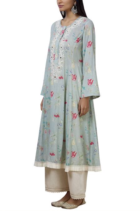 Buy_Aditi Beriwala_Blue Organic Cotton Round Embroidered Kurta _Online_at_Aza_Fashions