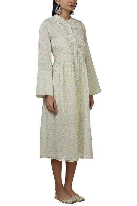 Aditi Beriwala_Blue Organic Cotton Stand Collar Printed Dress _Online_at_Aza_Fashions