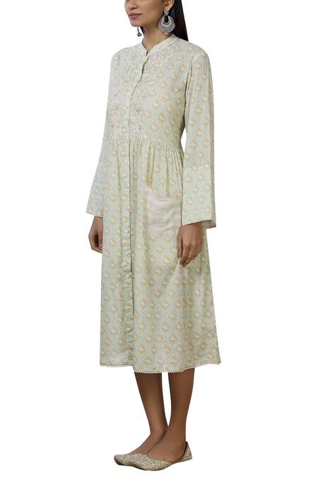 Buy_Aditi Beriwala_Blue Organic Cotton Stand Collar Printed Dress _Online_at_Aza_Fashions