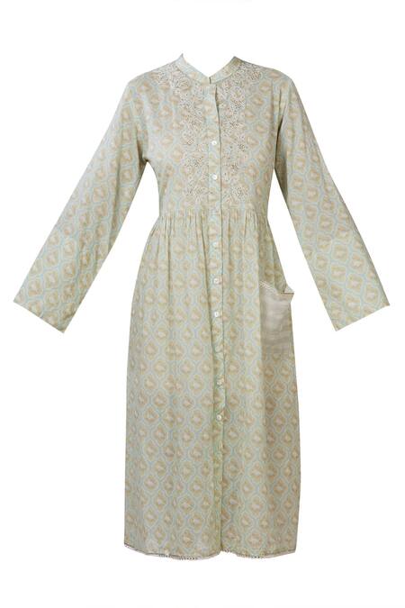 Shop_Aditi Beriwala_Blue Organic Cotton Stand Collar Printed Dress _Online_at_Aza_Fashions