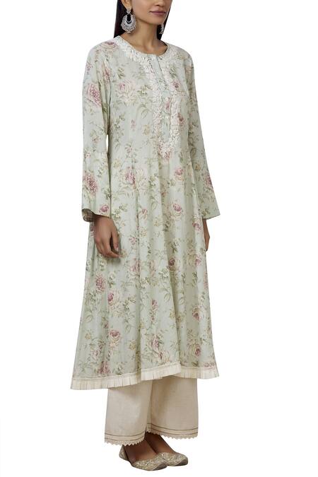 Aditi Beriwala_Green Organic Cotton Round Flared Kurta _Online_at_Aza_Fashions