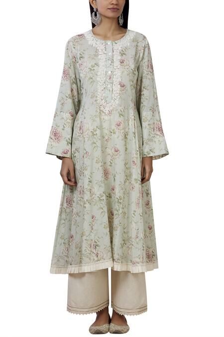 Shop_Aditi Beriwala_Green Organic Cotton Round Flared Kurta _Online_at_Aza_Fashions