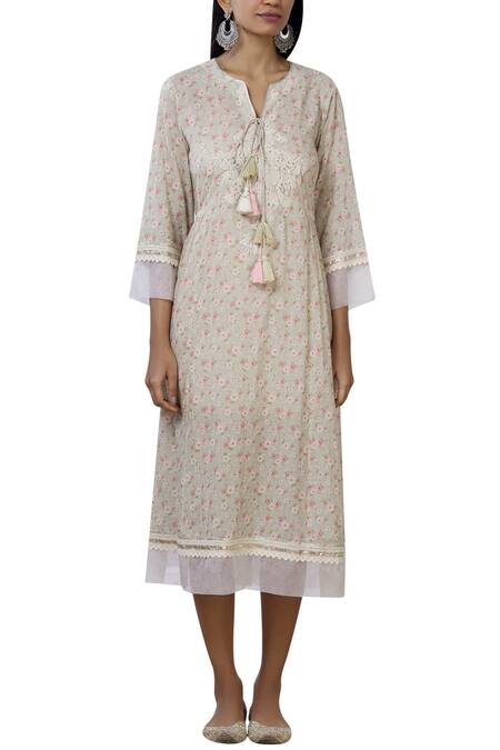 Shop_Aditi Beriwala_Beige Organic Cotton Round Printed Dress _Online_at_Aza_Fashions