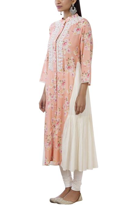 Aditi Beriwala_Peach Organic Cotton Stand Collar Printed Kurta _Online_at_Aza_Fashions