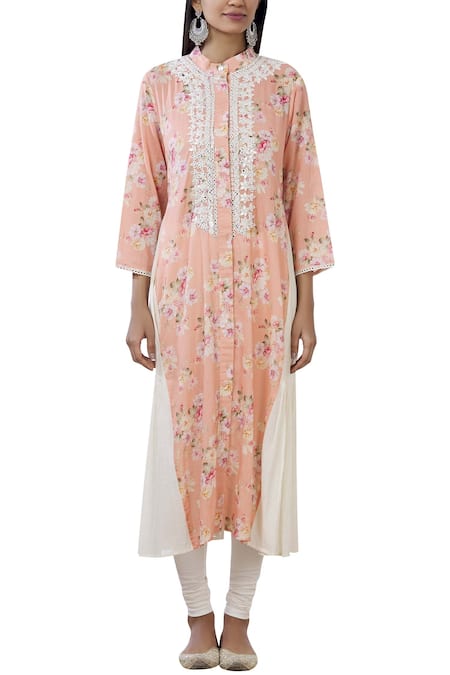 Shop_Aditi Beriwala_Peach Organic Cotton Stand Collar Printed Kurta _Online_at_Aza_Fashions