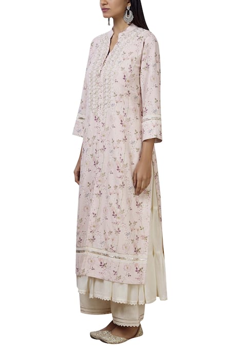 Aditi Beriwala_Purple Organic Cotton Outer Kurta Band Collar Inner Kurta V-neck Printed _Online_at_Aza_Fashions