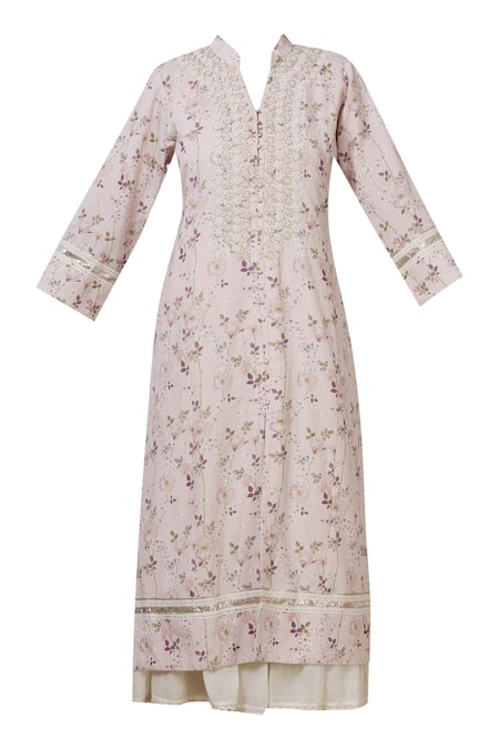 Buy_Aditi Beriwala_Purple Organic Cotton Outer Kurta Band Collar Inner Kurta V-neck Printed _Online_at_Aza_Fashions