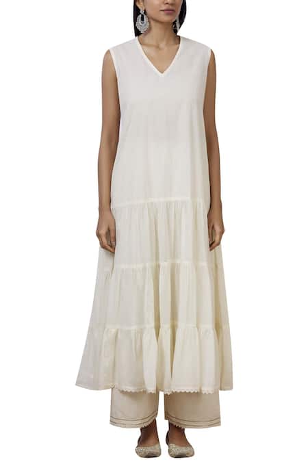 Shop_Aditi Beriwala_Purple Organic Cotton Outer Kurta Band Collar Inner Kurta V-neck Printed _Online_at_Aza_Fashions