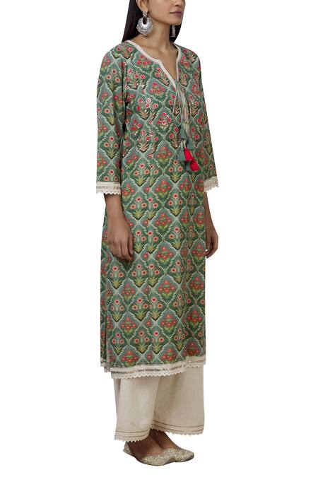 Aditi Beriwala_Green Organic Cotton Round Printed Kurta _Online_at_Aza_Fashions