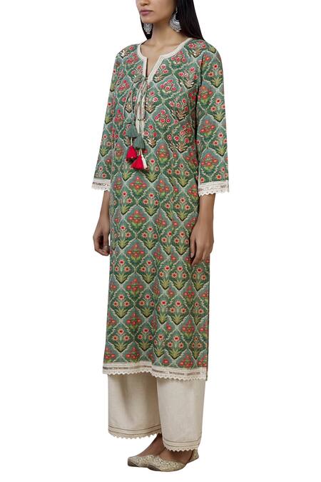 Buy_Aditi Beriwala_Green Organic Cotton Round Printed Kurta _Online_at_Aza_Fashions