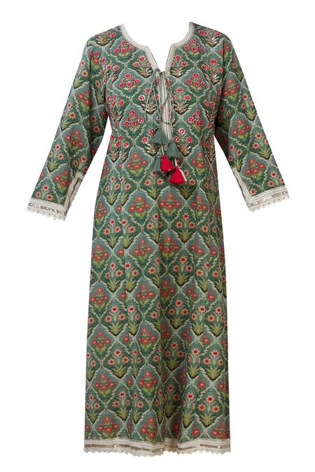 Shop_Aditi Beriwala_Green Organic Cotton Round Printed Kurta _Online_at_Aza_Fashions