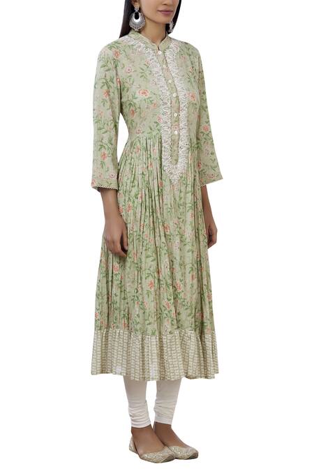 Aditi Beriwala_Green Organic Cotton Band Collar Anarkali_Online_at_Aza_Fashions