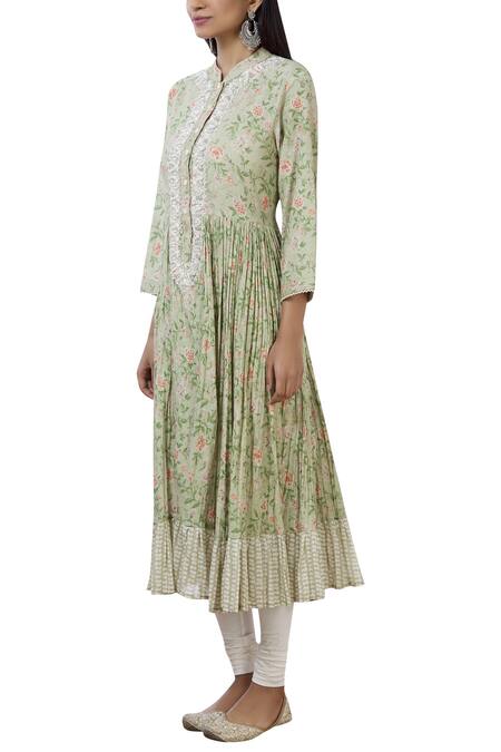 Buy_Aditi Beriwala_Green Organic Cotton Band Collar Anarkali_Online_at_Aza_Fashions