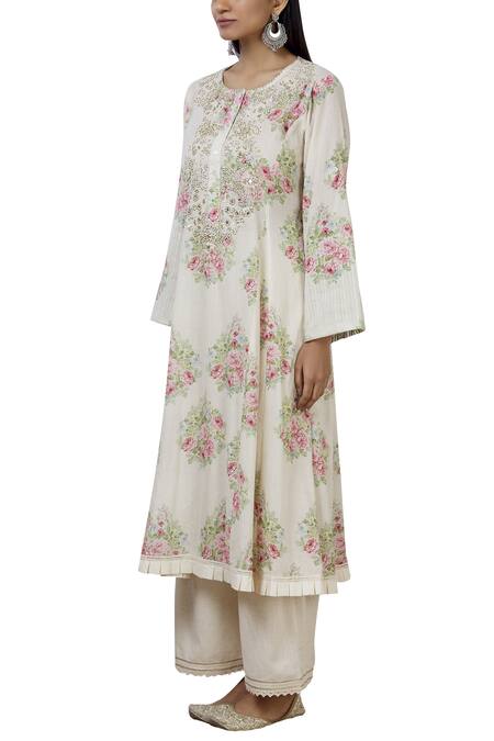 Buy_Aditi Beriwala_White Organic Cotton Round Printed Kurta _Online_at_Aza_Fashions