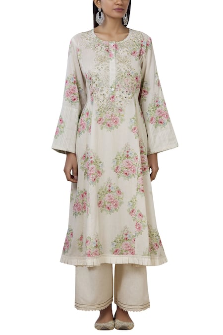 Shop_Aditi Beriwala_White Organic Cotton Round Printed Kurta _Online_at_Aza_Fashions