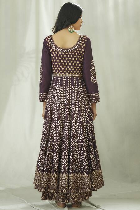 Shop_Heena Kochhar_Wine Chanderi Anarkali Sharara Set_at_Aza_Fashions