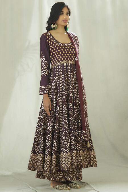 Heena Kochhar_Wine Chanderi Anarkali Sharara Set_Online_at_Aza_Fashions