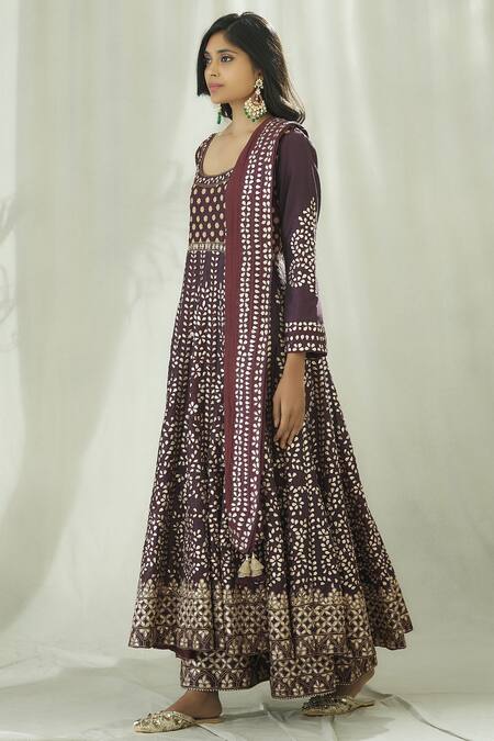 Buy_Heena Kochhar_Wine Chanderi Anarkali Sharara Set_Online_at_Aza_Fashions