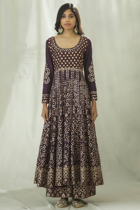 Shop_Heena Kochhar_Wine Chanderi Anarkali Sharara Set_Online_at_Aza_Fashions