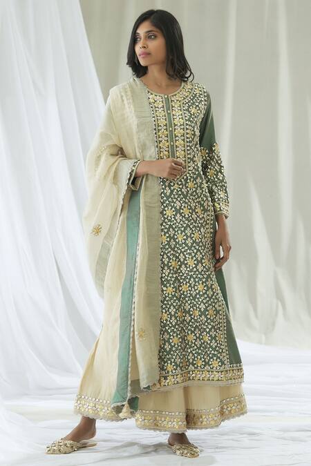 Buy_Heena Kochhar_Green Chanderi Kurta Palazzo Set_Online_at_Aza_Fashions