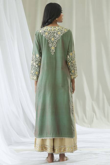 Shop_Heena Kochhar_Green Chanderi Kurta Palazzo Set_at_Aza_Fashions