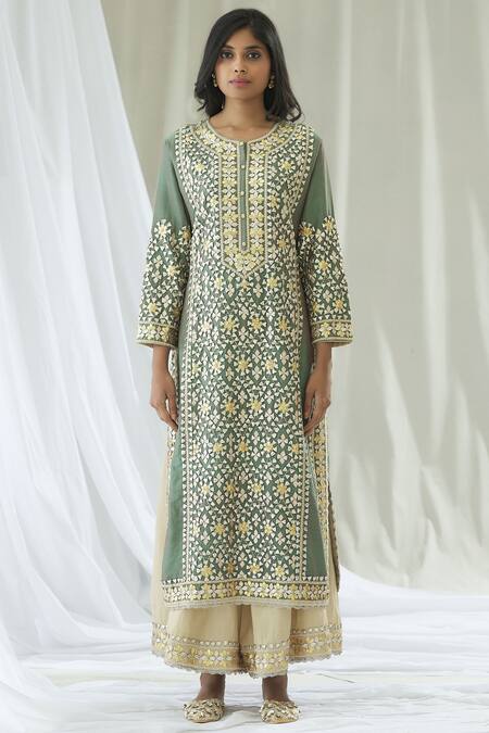 Heena Kochhar_Green Chanderi Kurta Palazzo Set_Online_at_Aza_Fashions