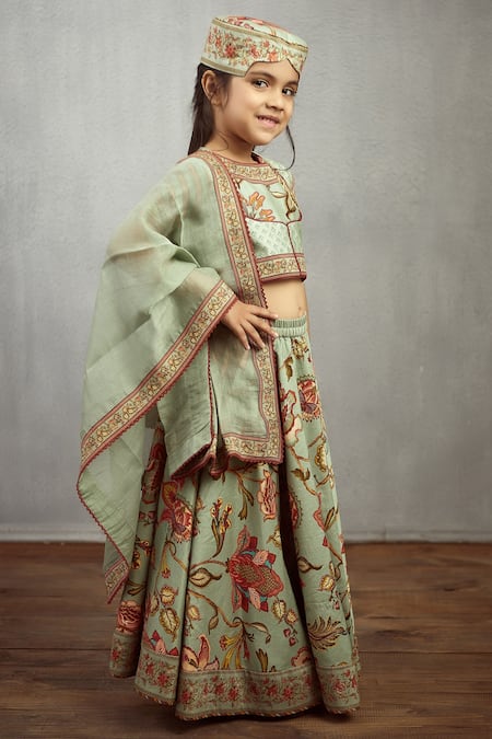 Torani_Blue Chanderi, Cotton Embroidery Printed Lehenga Set _Online_at_Aza_Fashions