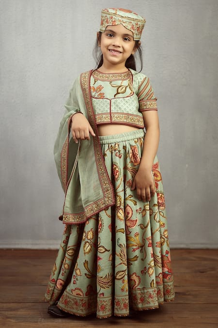 Buy_Torani_Blue Chanderi, Cotton Embroidery Printed Lehenga Set _Online_at_Aza_Fashions