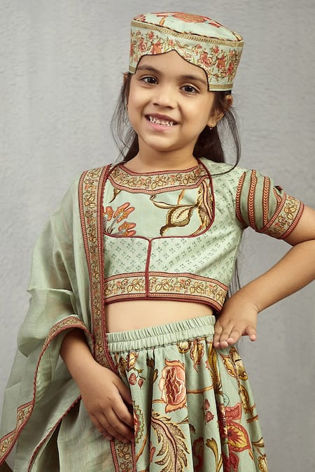 Shop_Torani_Blue Chanderi, Cotton Embroidery Printed Lehenga Set _Online_at_Aza_Fashions