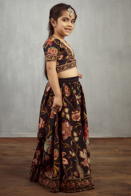 Torani_Black Chanderi, Cotton Embroidery Printed Lehenga Set _Online_at_Aza_Fashions