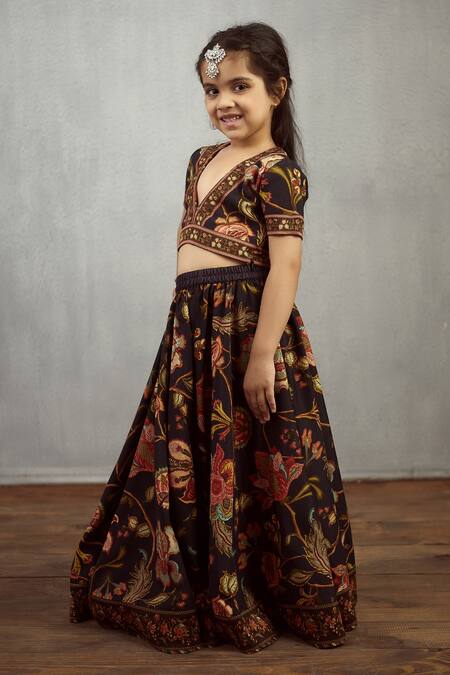 Buy_Torani_Black Chanderi, Cotton Embroidery Printed Lehenga Set _Online_at_Aza_Fashions