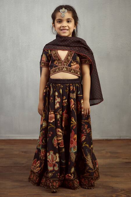 Shop_Torani_Black Chanderi, Cotton Embroidery Printed Lehenga Set _Online_at_Aza_Fashions