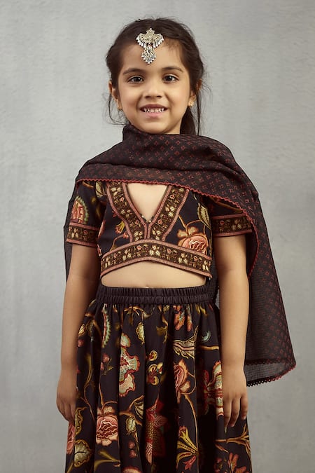 Torani_Black Chanderi, Cotton Embroidery Printed Lehenga Set _at_Aza_Fashions