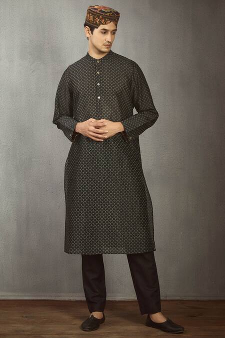 Torani_Black Chanderi Block Print Kurta_Online_at_Aza_Fashions