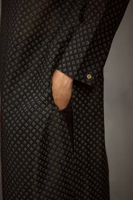 Buy_Torani_Black Chanderi Block Print Kurta_Online_at_Aza_Fashions