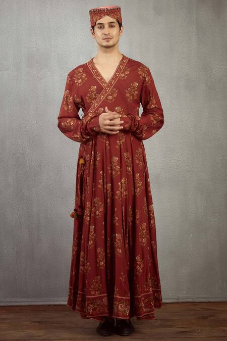 Torani Maroon Cotton Silk Printed Angarkha Kurta