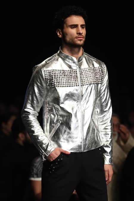 Shop Manoviraj Khosla Silver Leather Embellished Jacket at Aza Fashions Shop_Manoviraj Khosla_Silver Leather Embellished Jacket_at_Aza_Fashions