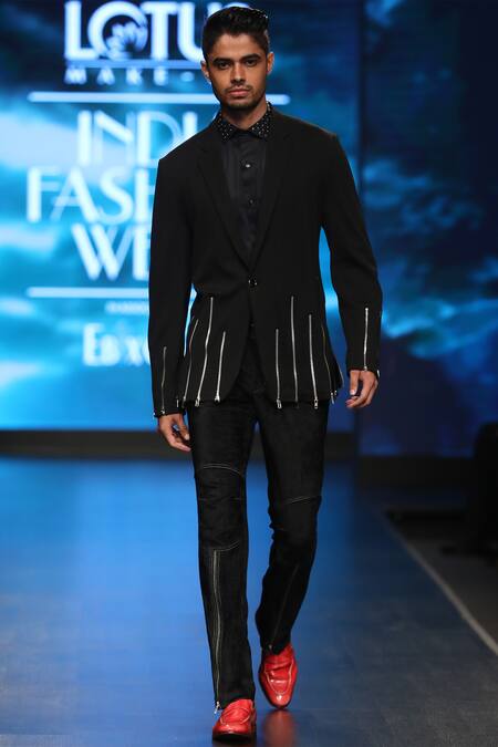 Manoviraj Khosla Black Cotton Blend Embellished Single Breasted Blazer