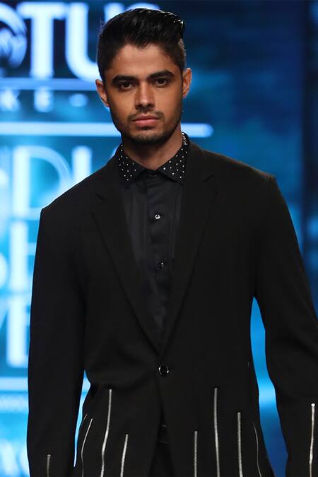 Manoviraj Khosla Black Cotton Blend Embellished Single Breasted Blazer Online at Aza Fashions Manoviraj Khosla_Black Cotton Blend Embellished Single Breasted Blazer_Online_at_Aza_Fashions