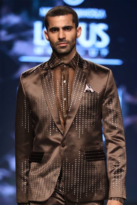 Manoviraj Khosla Brown Satin Blend Embellished Suit And Trouser Set Online at Aza Fashions Manoviraj Khosla_Brown Satin Blend Embellished Suit And Trouser Set_Online_at_Aza_Fashions