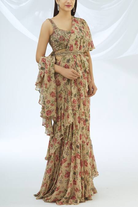 Astha Narang Beige Georgette U Neck Pre-draped Saree Set Online at Aza Fashions Astha Narang_Beige Georgette U Neck Pre-draped Saree Set _Online_at_Aza_Fashions