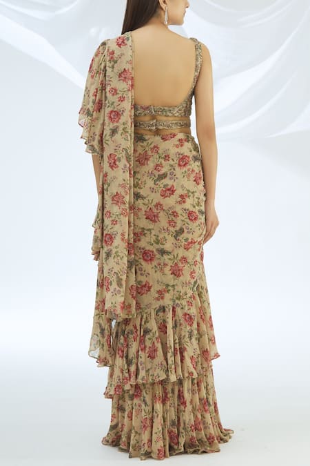 Shop Astha Narang Beige Georgette U Neck Pre-draped Saree Set at Aza Fashions Shop_Astha Narang_Beige Georgette U Neck Pre-draped Saree Set _at_Aza_Fashions