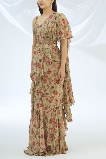 Buy Astha Narang Beige Georgette U Neck Pre-draped Saree Set Online at Aza Fashions Buy_Astha Narang_Beige Georgette U Neck Pre-draped Saree Set _Online_at_Aza_Fashions